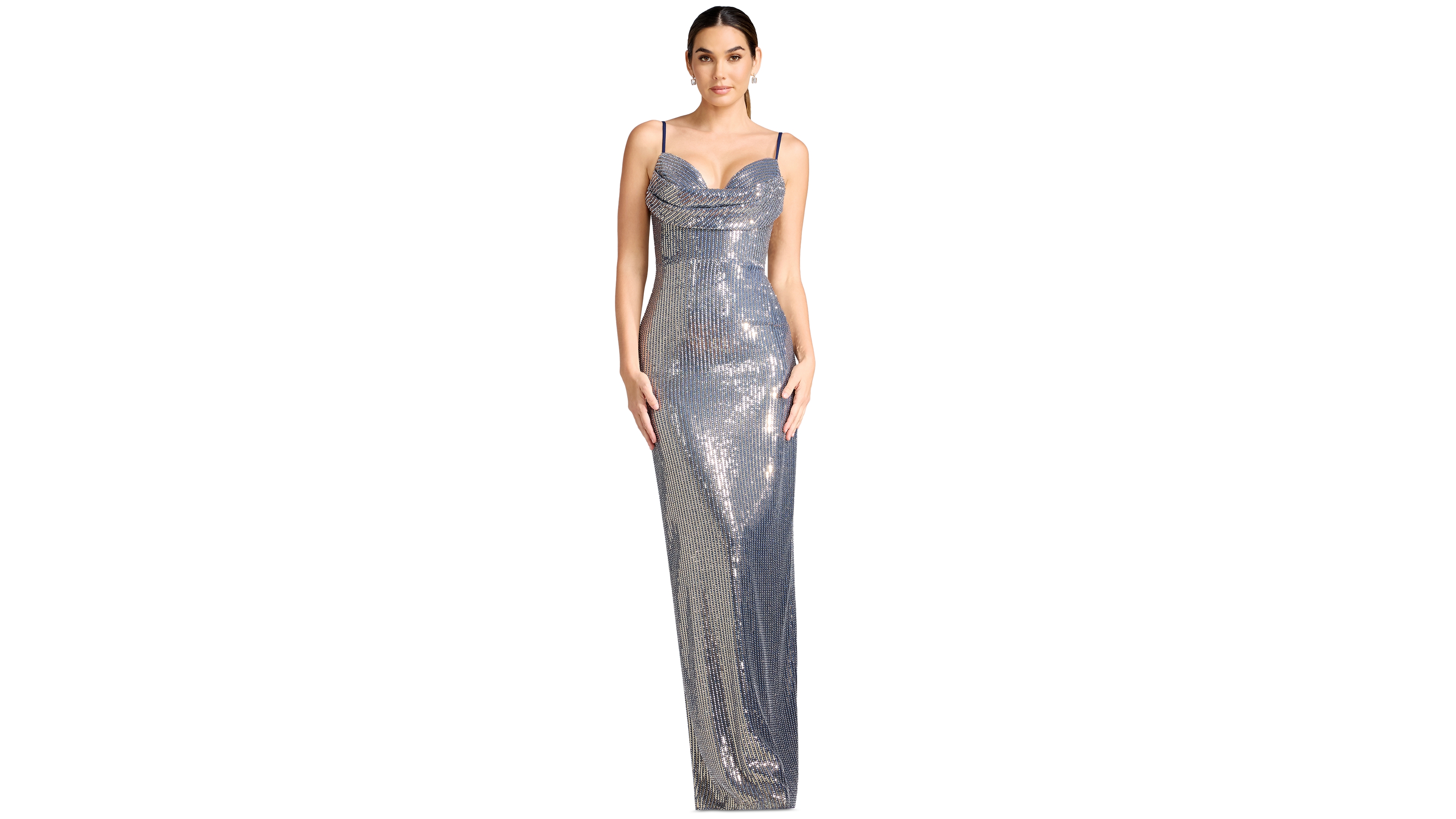 Dress the Population Women's Sleeveless Sweetheart Cowl-Neck Sequin