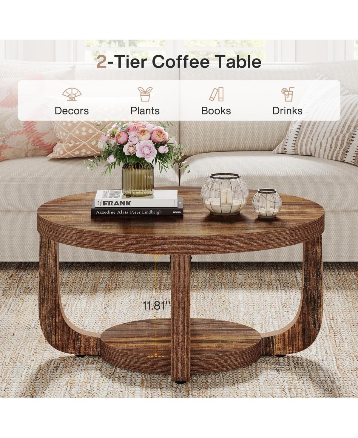 Tribesigns Round Coffee Table, 2-Tier Circle Coffee Table with Storage, Thick Tabletop and Base