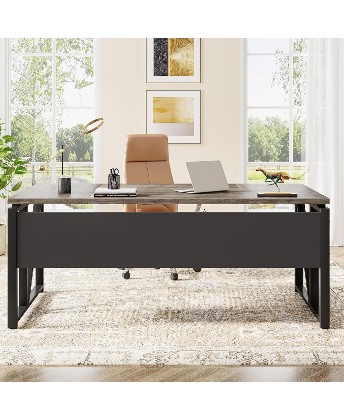 Tribesigns 63" L-Shaped Desk with Reversible File Cabinet, Oak
