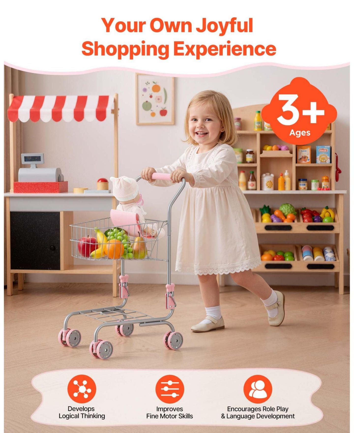 Детская игрушка SUGIFT Kids Pretend Play Shopping Cart with 6 L Basket and 12-in Doll for Ages 3+, цвет: Розовый — фото 5