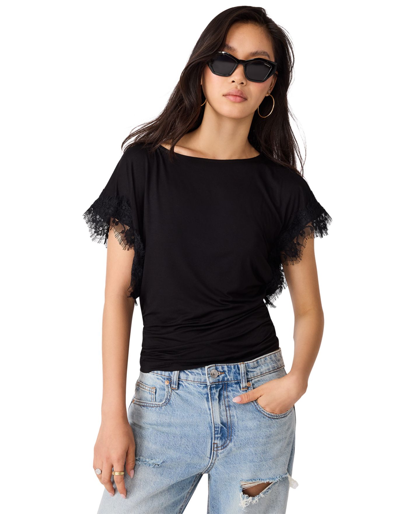 Женский топ Steve Madden Paloma Lace Boat Neck Short-Sleeve Knit, цвет: Чёрный — фото 3