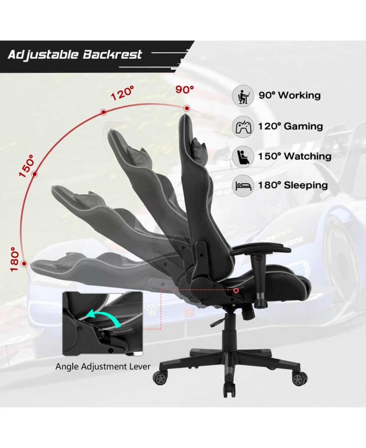 Gouun Reclining Swivel Gaming Chair with Massage Cushion and Detachable Headrest