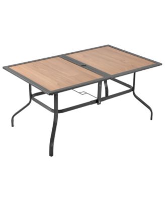 Rectangular Outdoor Dining Table for 4-6 People, Wood-Look Steel Patio Table with Umbrella Hole