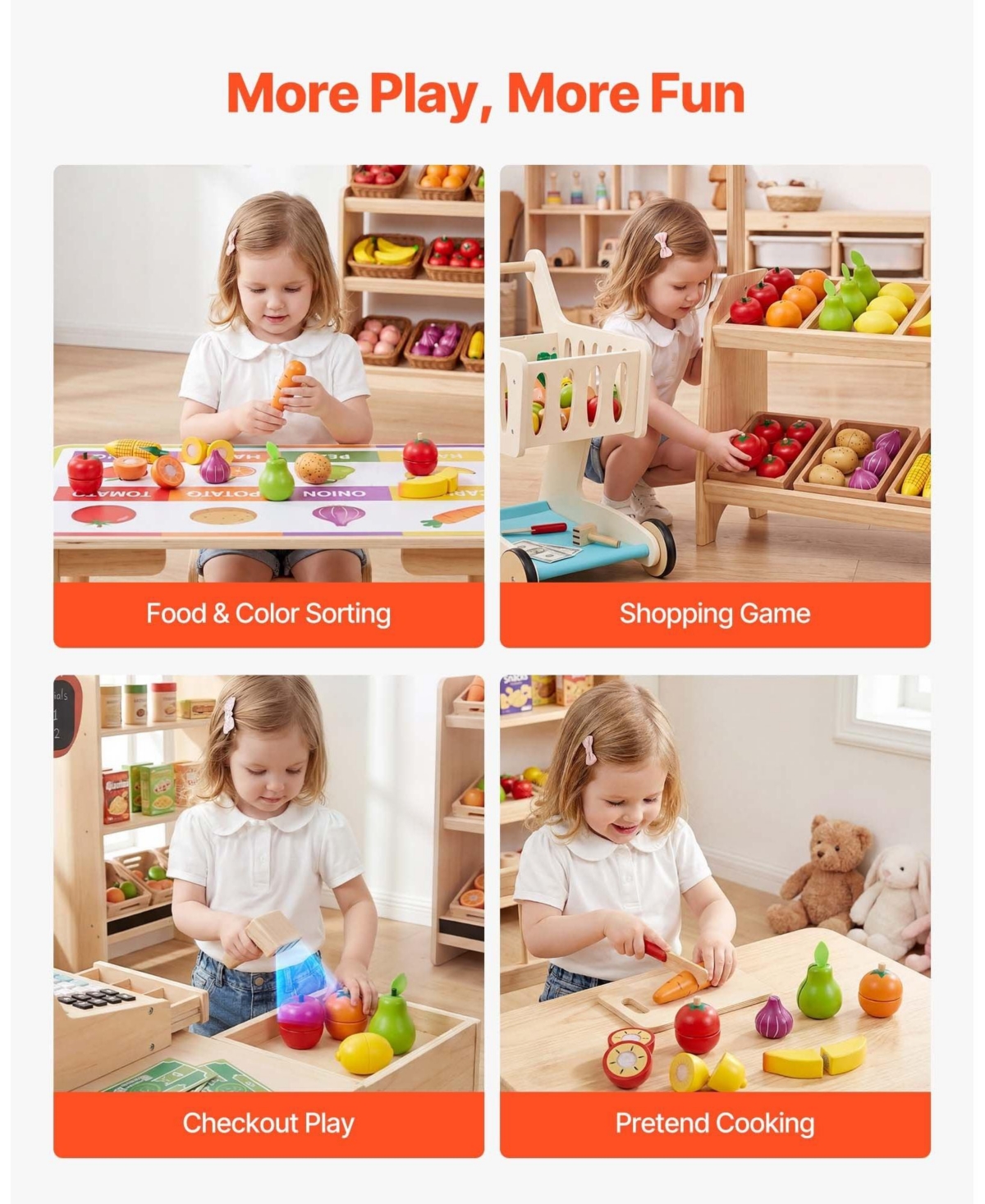 Sugift Wooden Shopping Cart With Storage and Scanner, Ages 3+