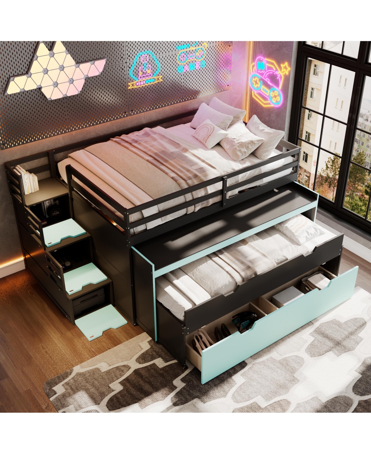 Clihome Full Xl Loft Bed with Pull-Out Desk and Twin Trundle, Multi-Functional Bunk 2 Storage Drawers Steps