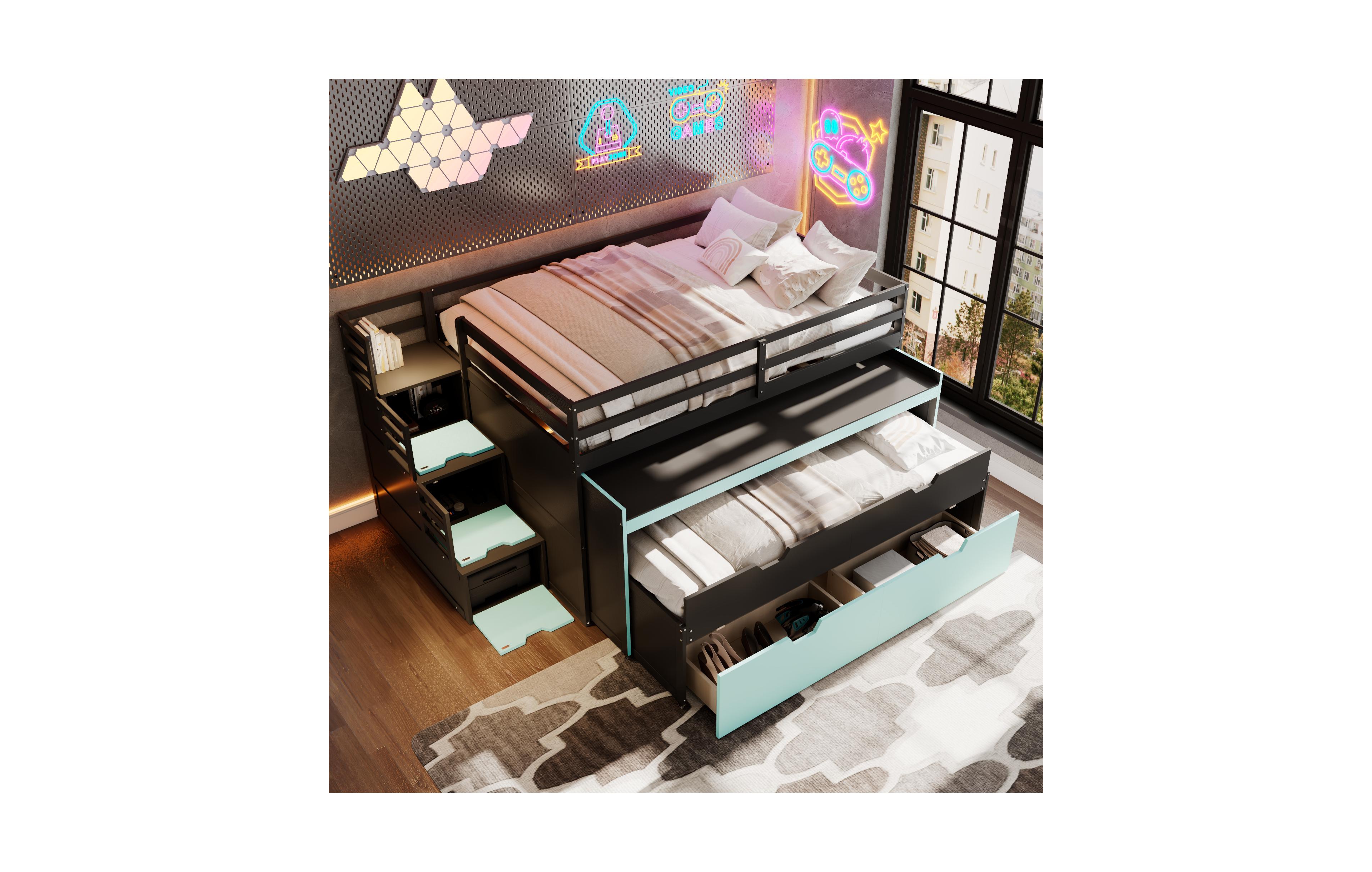Clihome Full Xl Loft Bed with Pull-Out Desk and Twin Trundle, Multi-Functional Bunk 2 Storage Drawers Steps