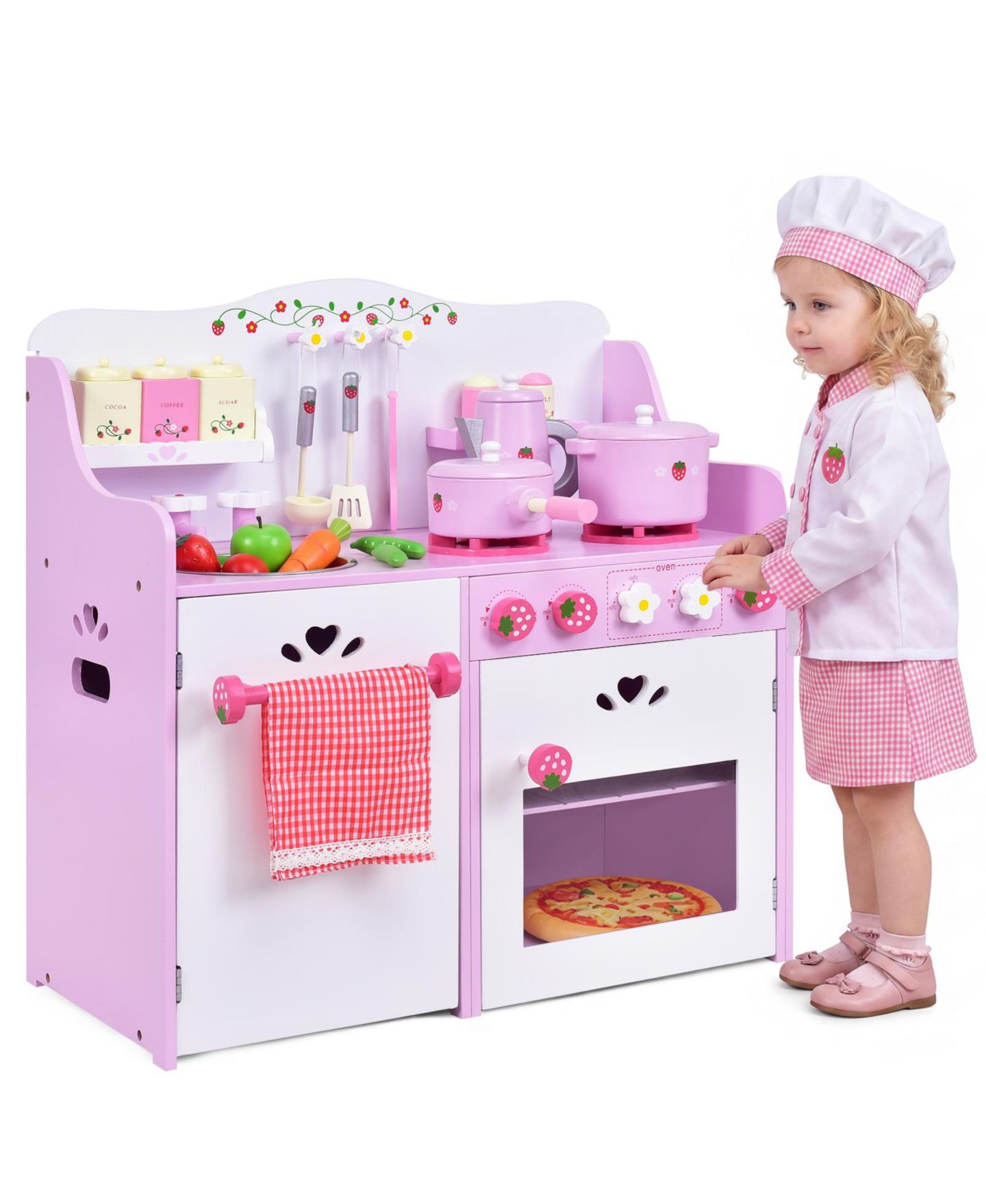 Детская игрушка Costway Strawberry Wooden 1-Piece Play Kitchen, Ages 3+, цвет: Розовый — фото 9