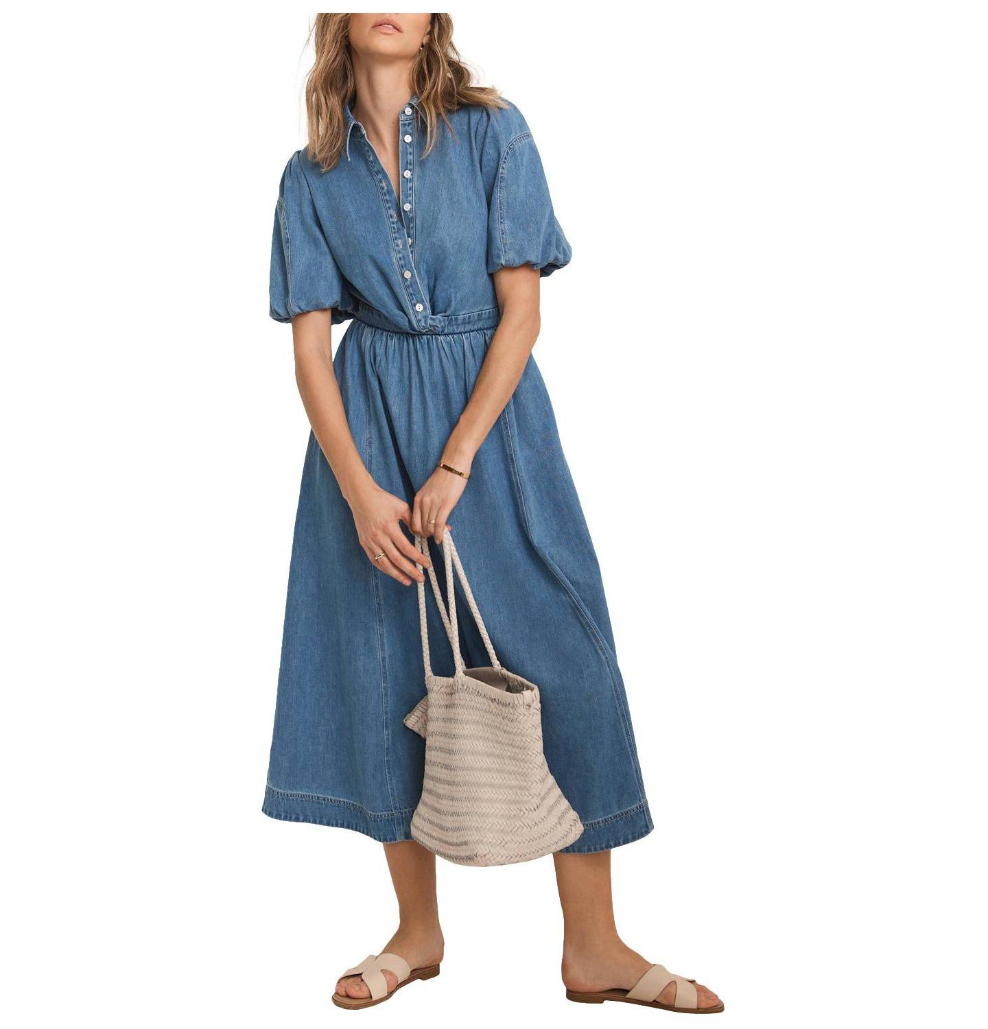 Женское платье Mint Velvet Twist Puff-Shoulder Cotton-Blend Denim Midi, цвет: Синий — фото 2