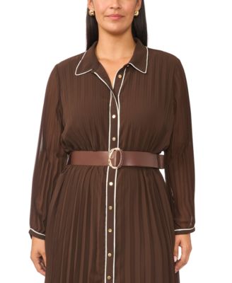 Plus Size Pleated Button-Up Long-Sleeve Midi Dress