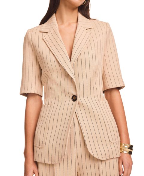 Женский пиджак Mint Velvet Pinstripe Short-Sleeve Single-Button Blazer, цвет: Верблюжий