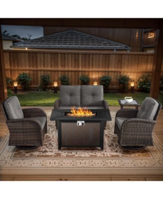 5-Piece Outdoor Wicker Rattan Patio Glider Loveseat Conversation Set with Swivel Rocking Chairs and Fire Pit Table