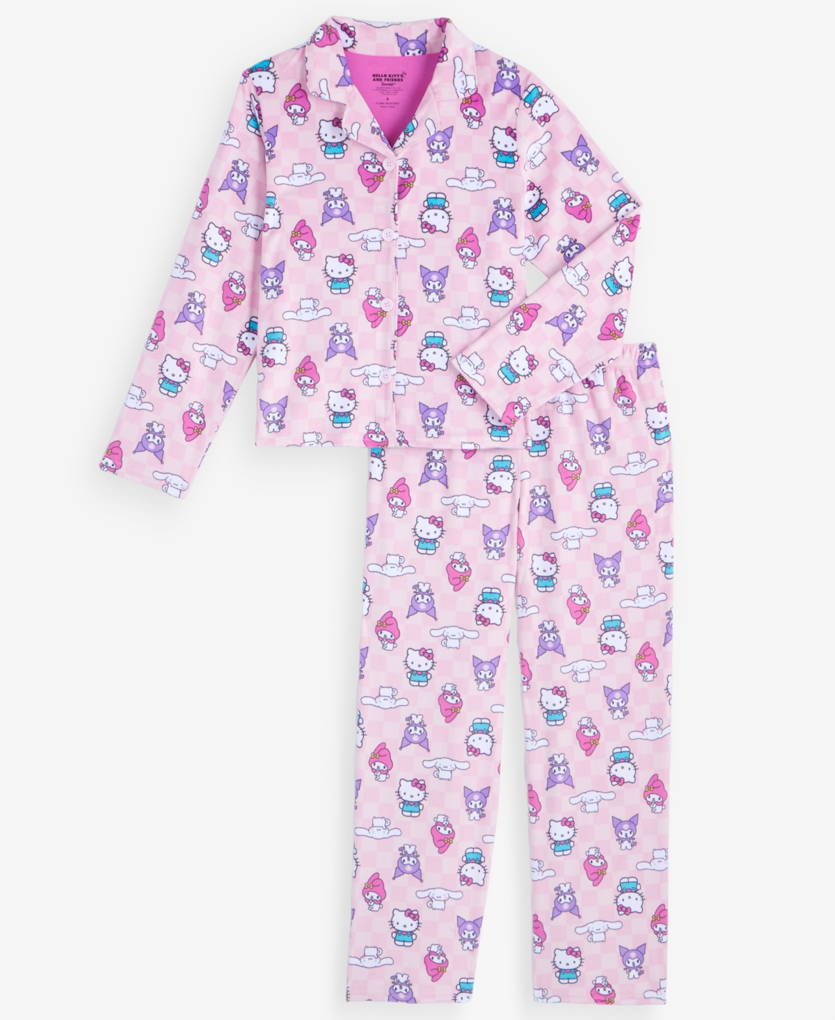 Hello Kitty Girls' 4-16 Long-Sleeve Button-Down Top and Pajama Pants, 2-Piece Set - Blush