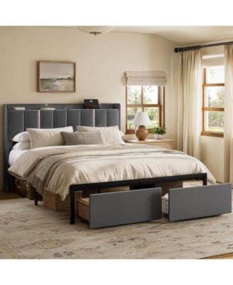 Upholstered Bed, Open Storage Headboard with Charging Ports, 2 Bed Base Drawers, No Box Spring Needed
