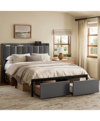 Upholstered Bed, Open Storage Headboard with Charging Ports, 2 Bed Base Drawers, No Box Spring Needed
