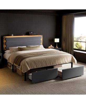  Velvet Upholstered Bed, Adjustable Height Headboard, 2 Storage Drawers, LED Light and Charging Ports, No Box Spring Needed