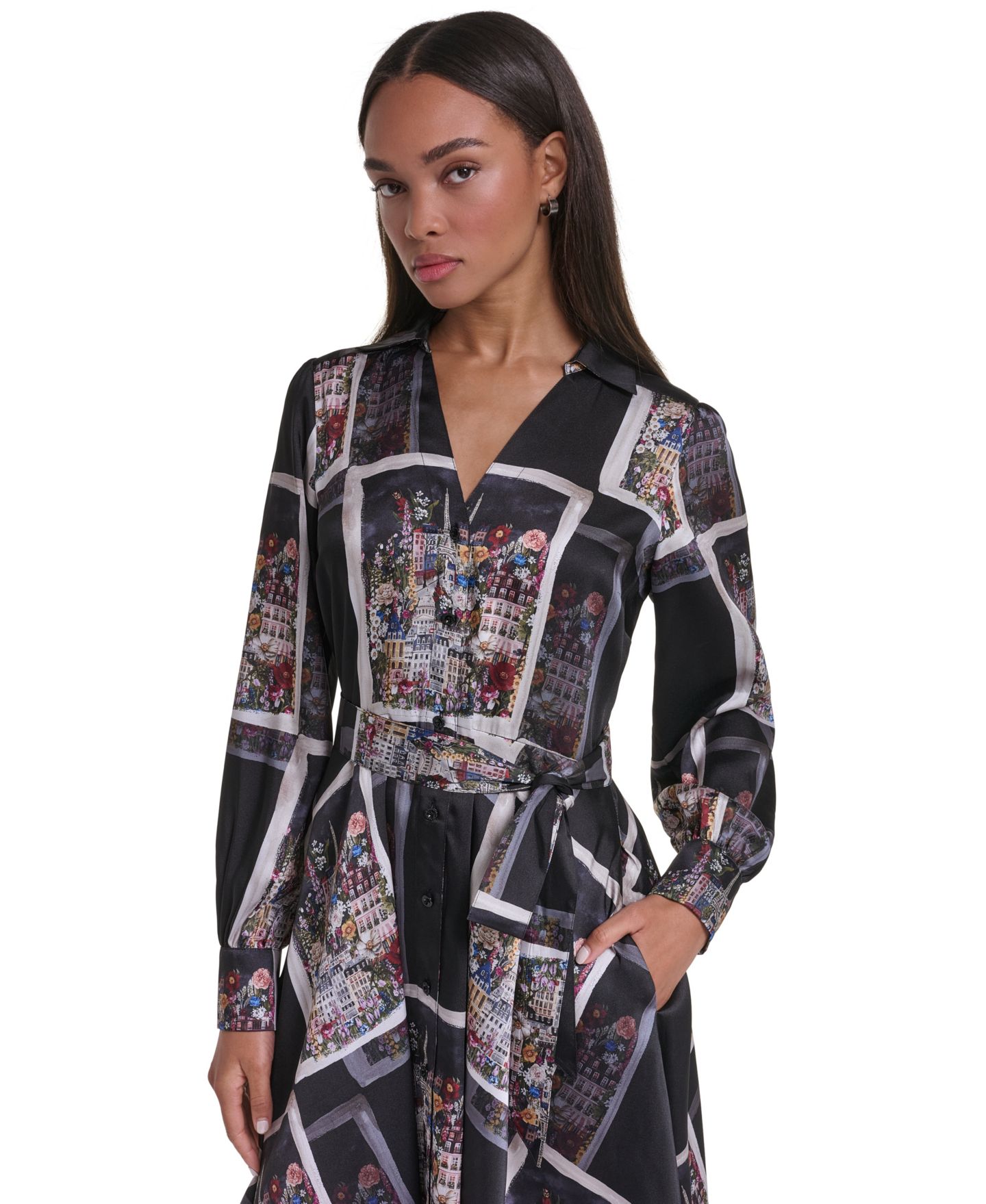 Женское платье KARL LAGERFELD PARIS Long-Sleeve Printed Hanky-Hem, цвет: Чёрный разноцветный — фото 2