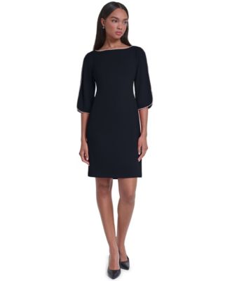 Women's Scuba Crepe Imitation Pearl Framing Boat Neck Dress