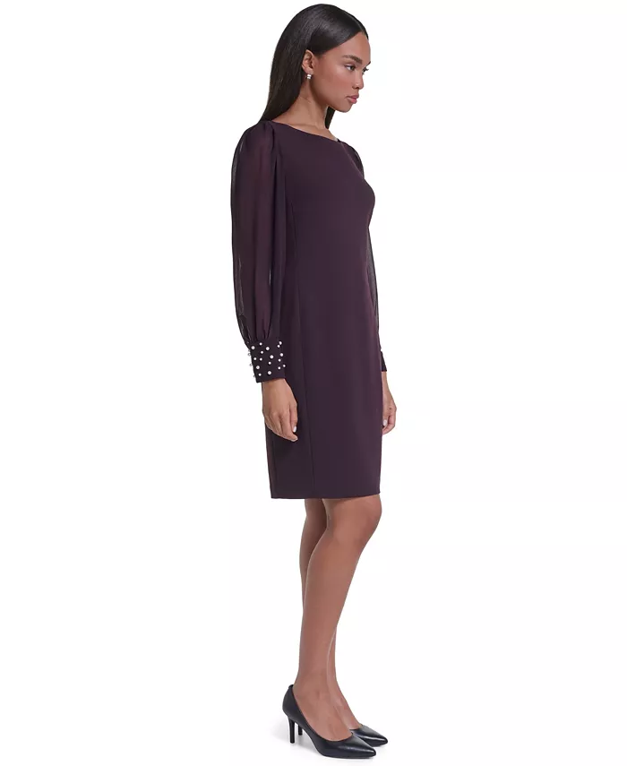 Women's Illusion-Sleeve Beaded-Cuff Dress - thumbnail 7