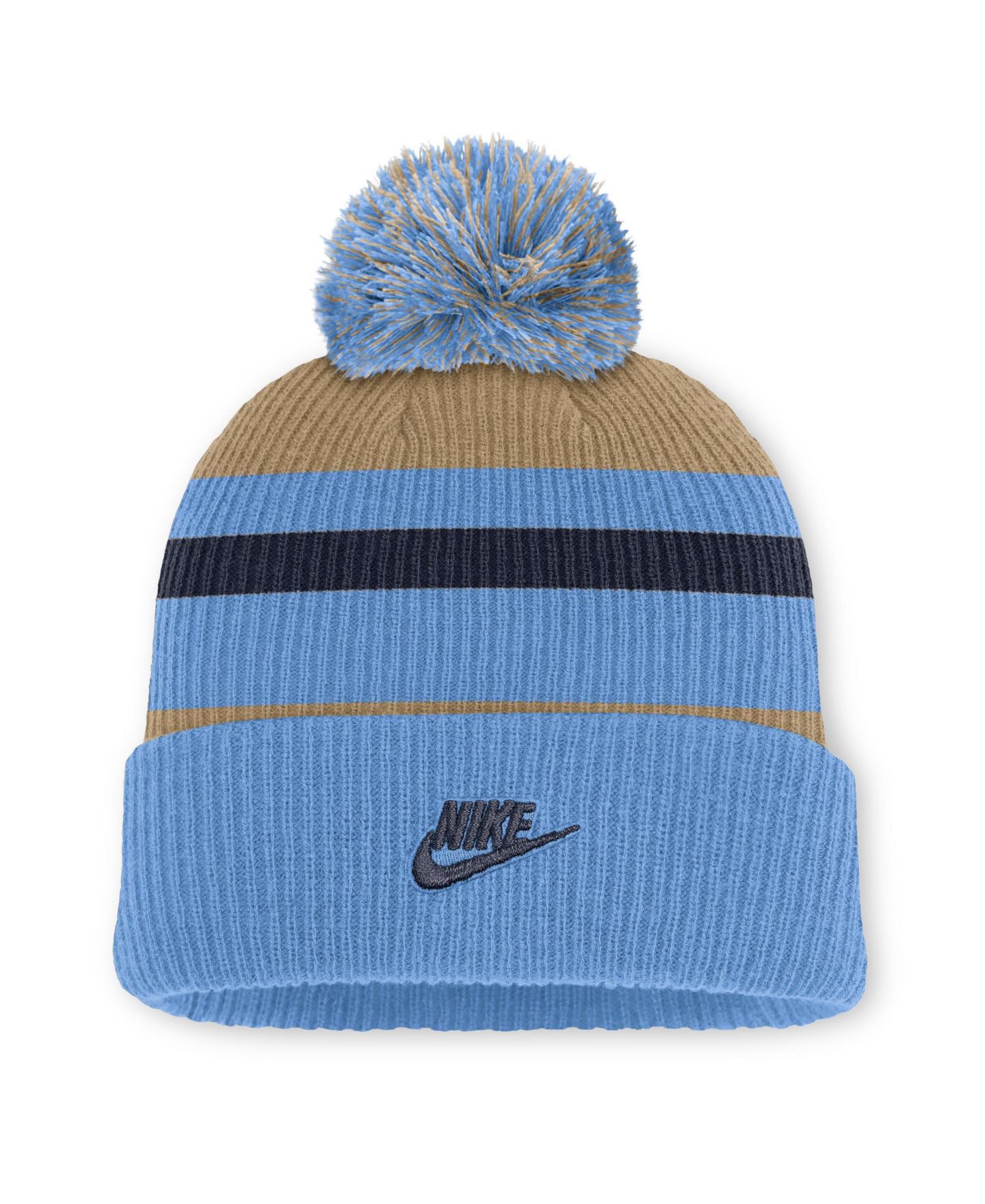 Головные уборы Nike Carolina Blue/Beige North Carolina Tar Heels Legacy Striped Cuffed Knit Hat with Pom — фото 2