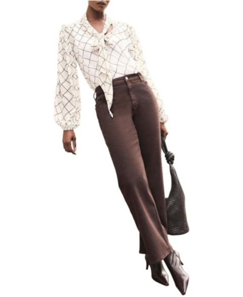 Женская блузка Mint Velvet Pussy-Bow Long-Sleeve Checked, цвет: Кремовый