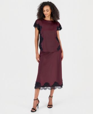 Women's Short-Sleeve Lace-Trim Top & Pull-On Lace-Trim Midi Skirt