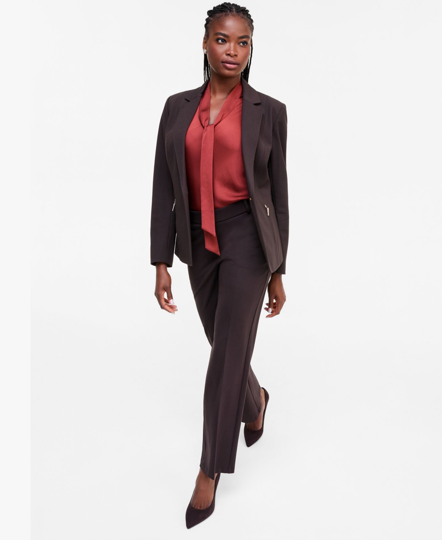 Женские брюки Kasper Tie Neck Blouse, Notch Collar Blazer, and Straight Leg Trouser, цвет: Чёрный — фото 3