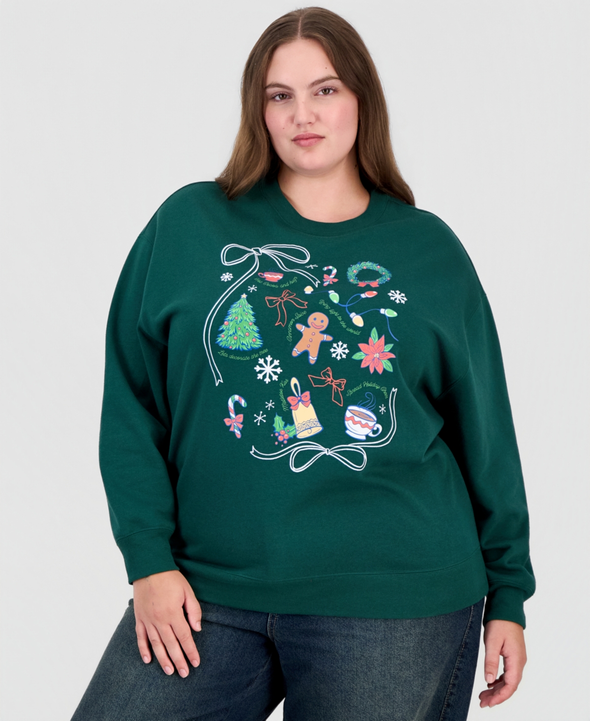 Rebellious One Plus Size Holiday-Graphic Crewneck Fleece Pullover - Hunter Green