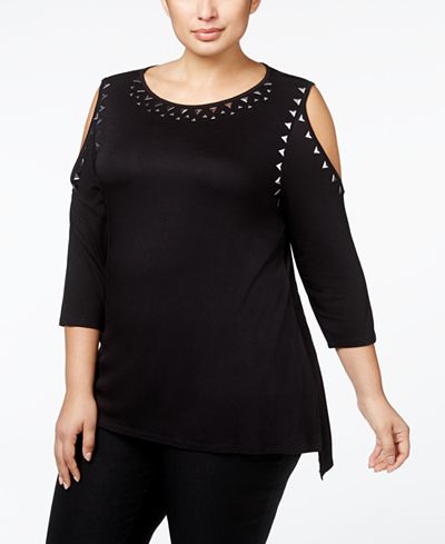 Belldini Plus Size Metallic-Stud-Trimmed Cold-Shoulder Top