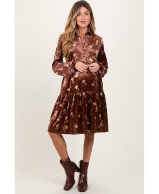 Women's Brown Floral Velvet Button Down Midi Dress