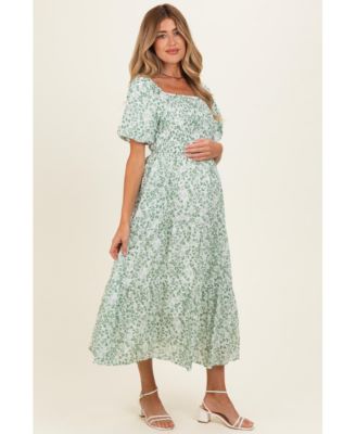 Women's Green Floral Smocked Short Sleeve Midi Dress