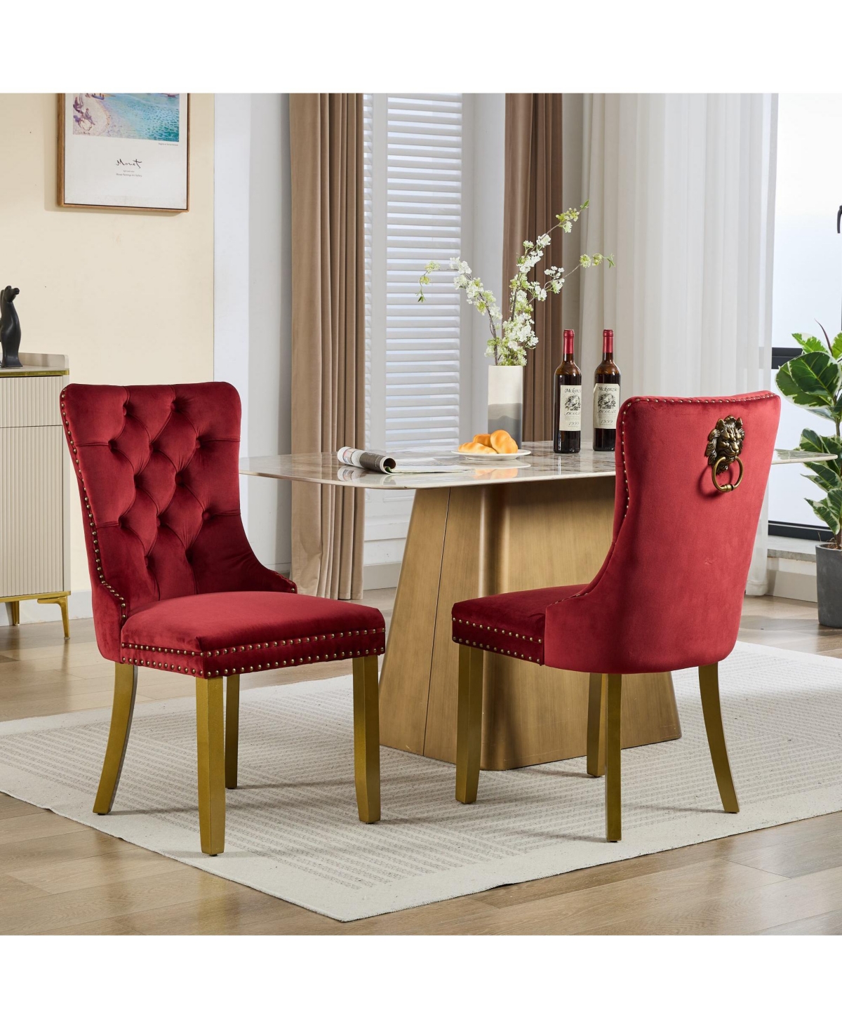 Flynama Mid-Century Modern Velvet Dining Chairs Set of 2 with Lion Head Pull Ring, Tufted Upholstered Chair