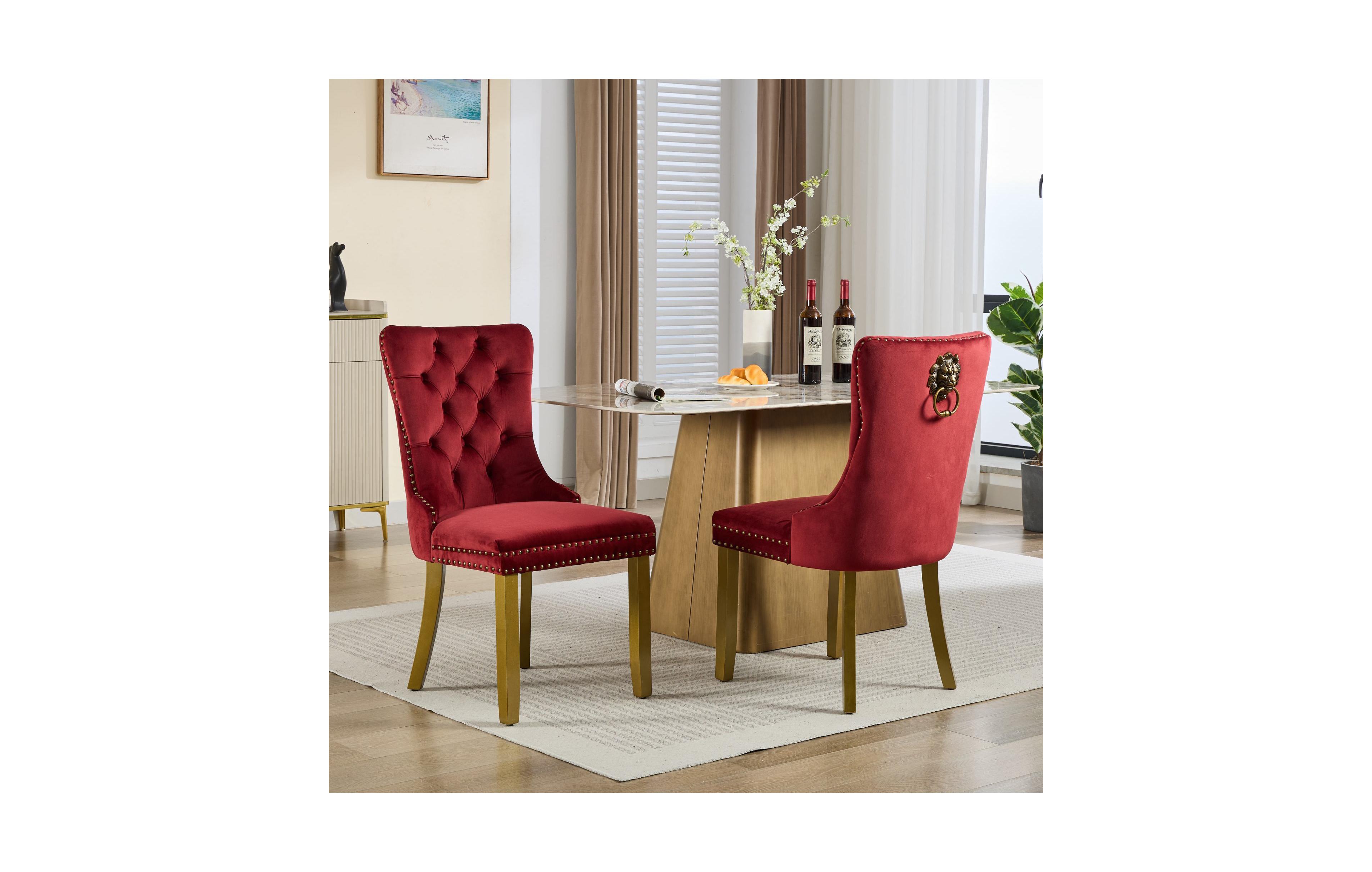 Flynama Mid-Century Modern Velvet Dining Chairs Set of 2 with Lion Head Pull Ring, Tufted Upholstered Chair