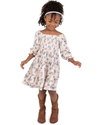 Girls' 4T-6X Floral Print Hand-Smocked Corduroy Dress