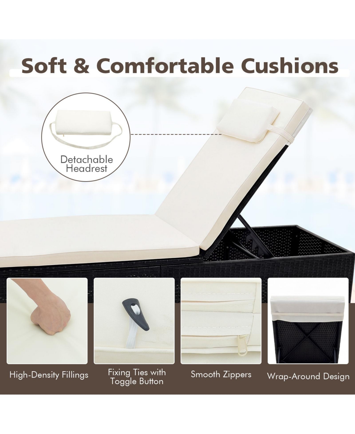 Gymax Patio Chaise Lounge With 6-level Backrest Comfy Seat Cushion and Headrest Backyard Mix