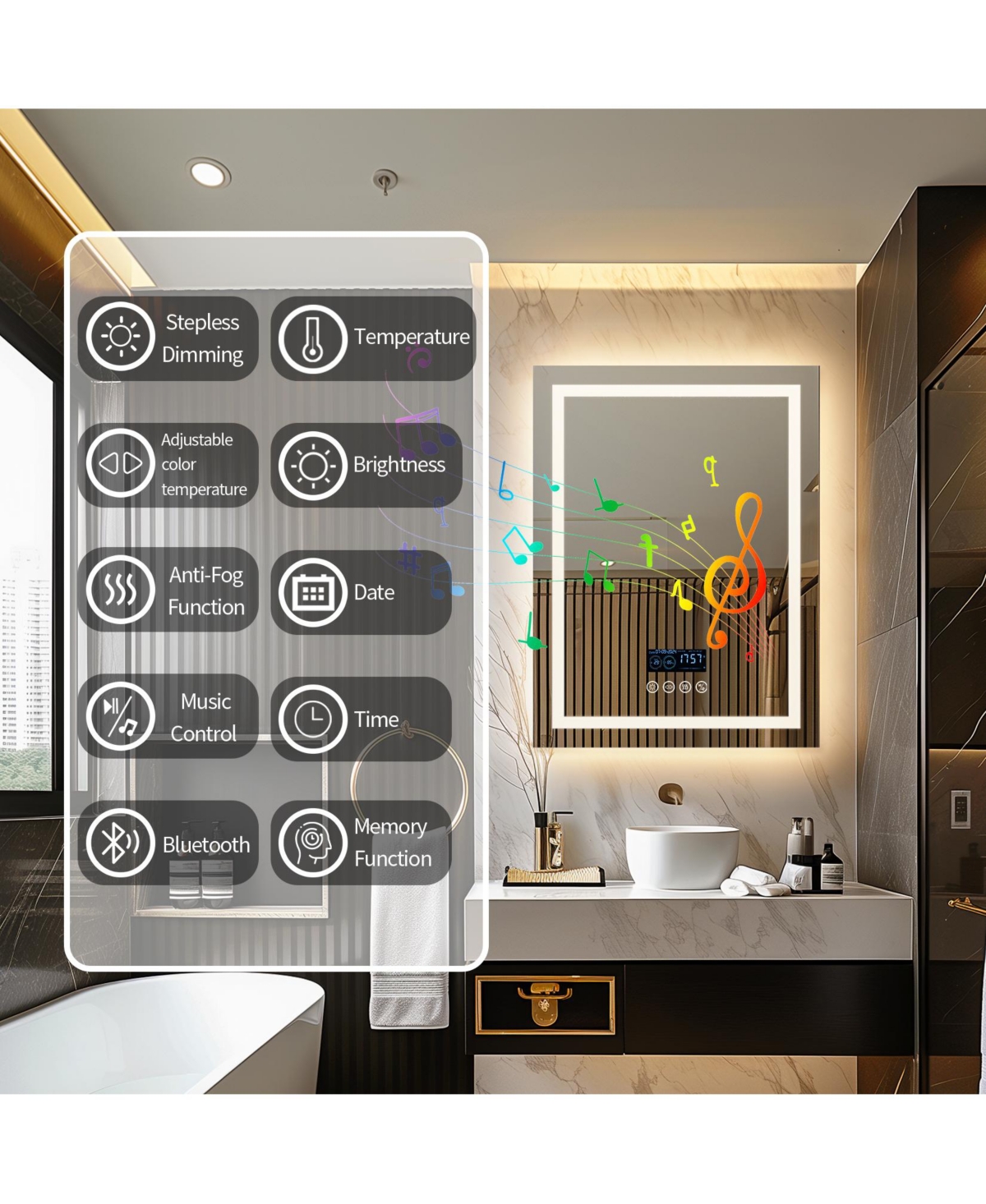 Luvodi 28"x36" Smart Led Bathroom Mirror with Bluetooth Speaker Temperature Display Front-lit, Backlight, Anti-Fog