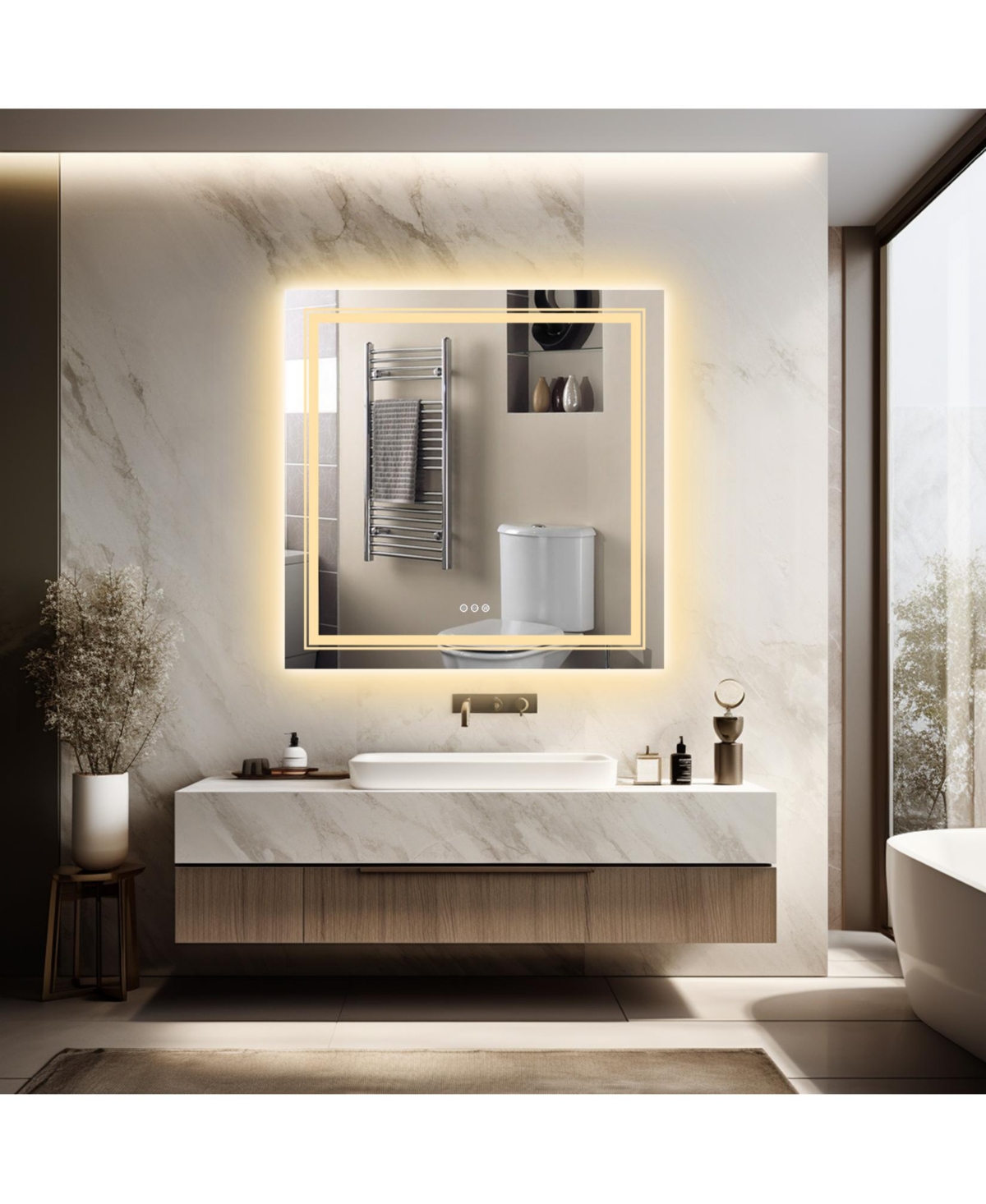 Luvodi 32"x32" Square Led Bathroom Mirror Illuminated Dimmable 3 Colors Backlit and Front Light Smart Touch
