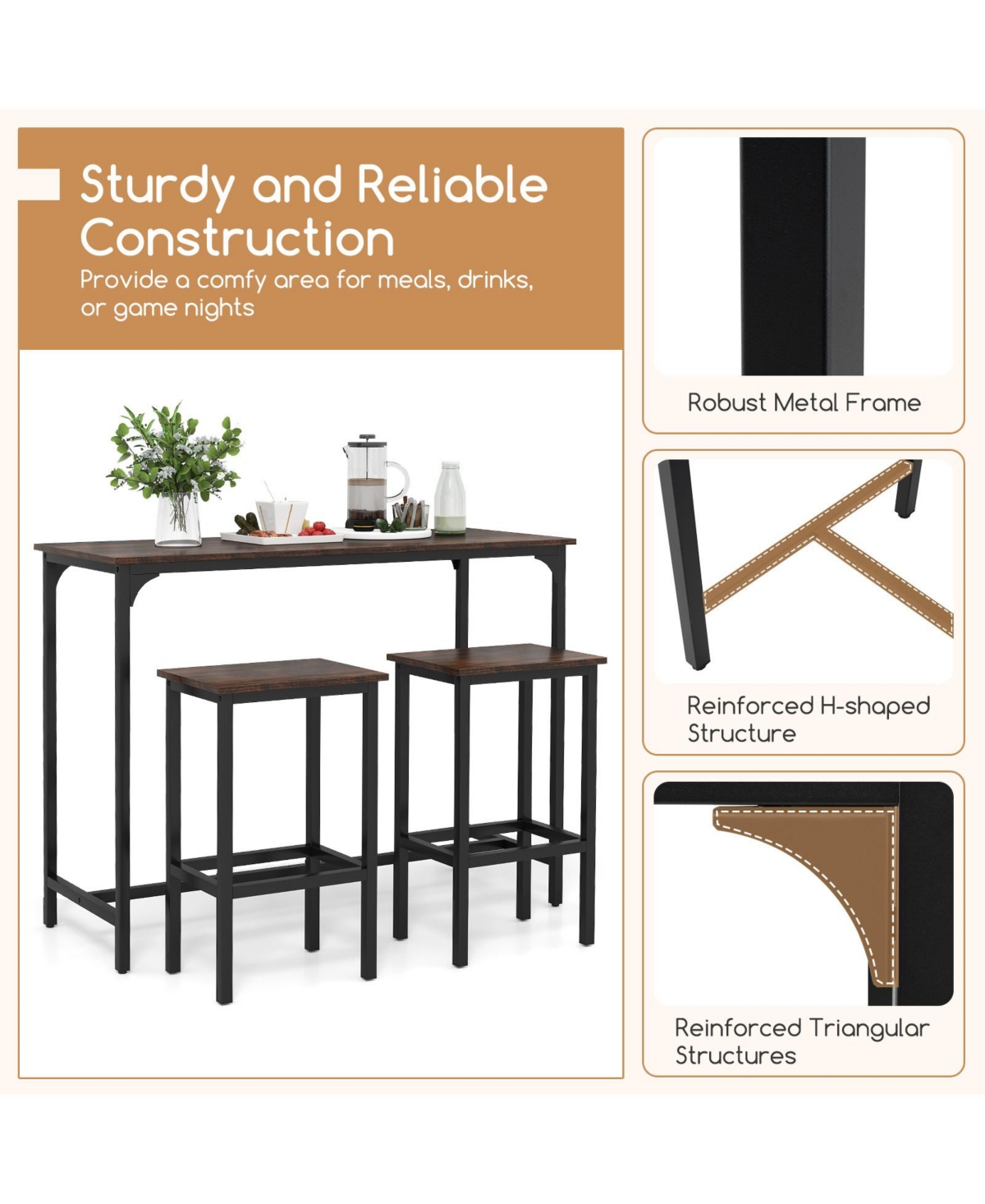 Mecale 3-Piece 47.5-Inch Counter-Height Dining Set with 2 Stools