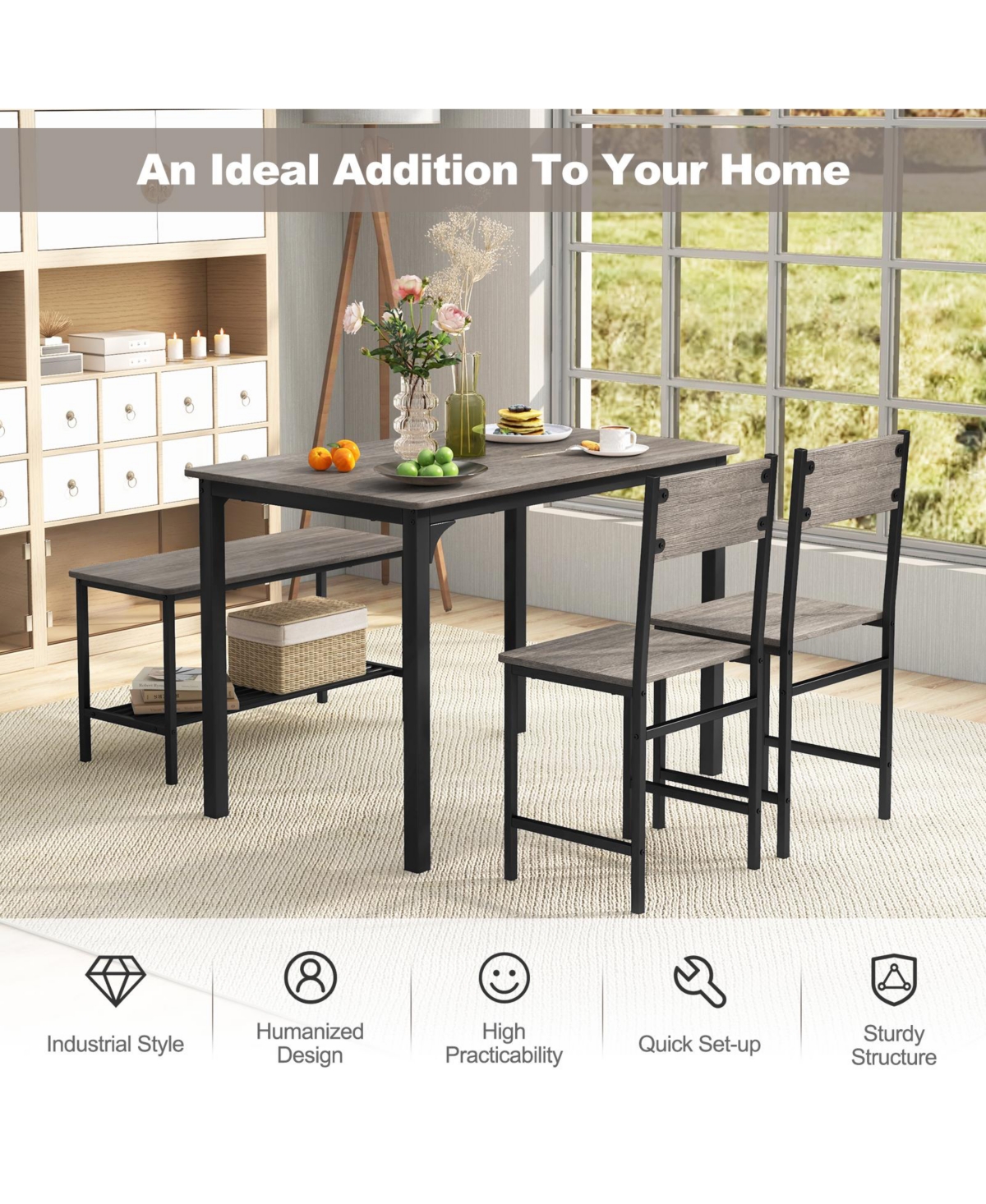 Mecale 4-Piece Rustic Dining Table Set with Storage Bench and 2 Chairs