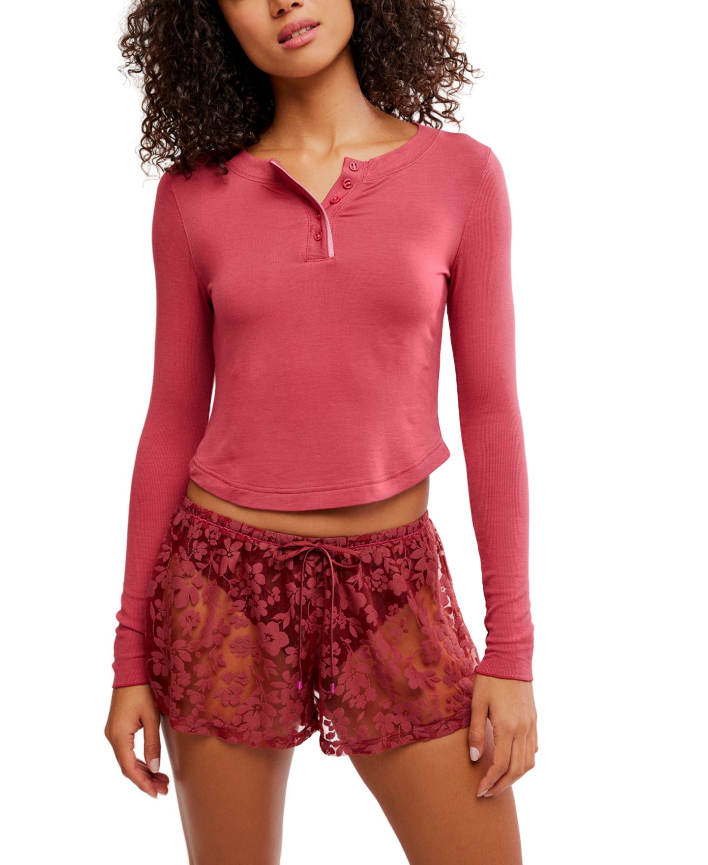 Женские шорты Free People Early Sunset Lace Floral-Print Pull-On Shorts, 2" Inseam, цвет: Гранатовый — фото 2