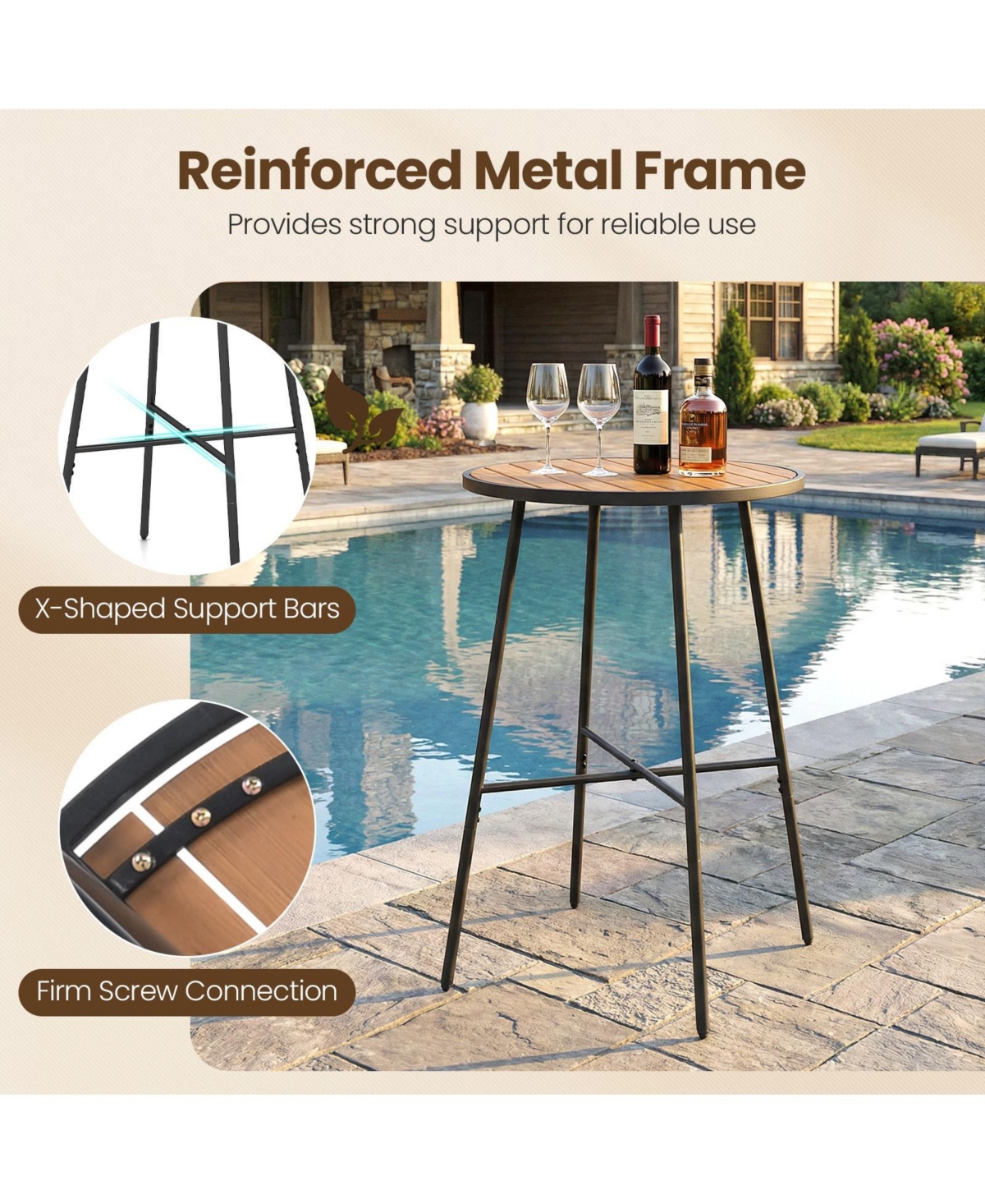Mecale 41-Inch Round Acacia Wood Outdoor Bar Table