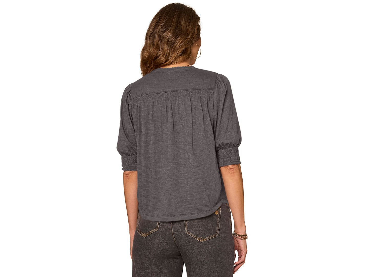 Женская блузка Democracy Petite Elbow-Length Blouson Scalloped V-Neck Blouse, цвет: Меланжевый угольный — фото 4