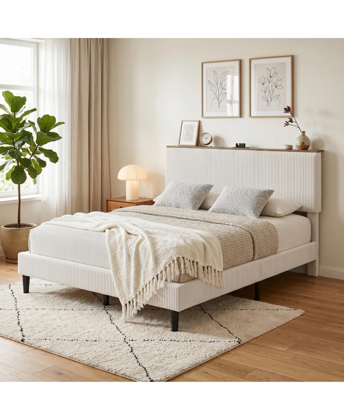 gaomon Queen Bed Frame – Upholstered Platform with Corduroy Storage Headboard, Charging Station and Led Lights, No Box Spring