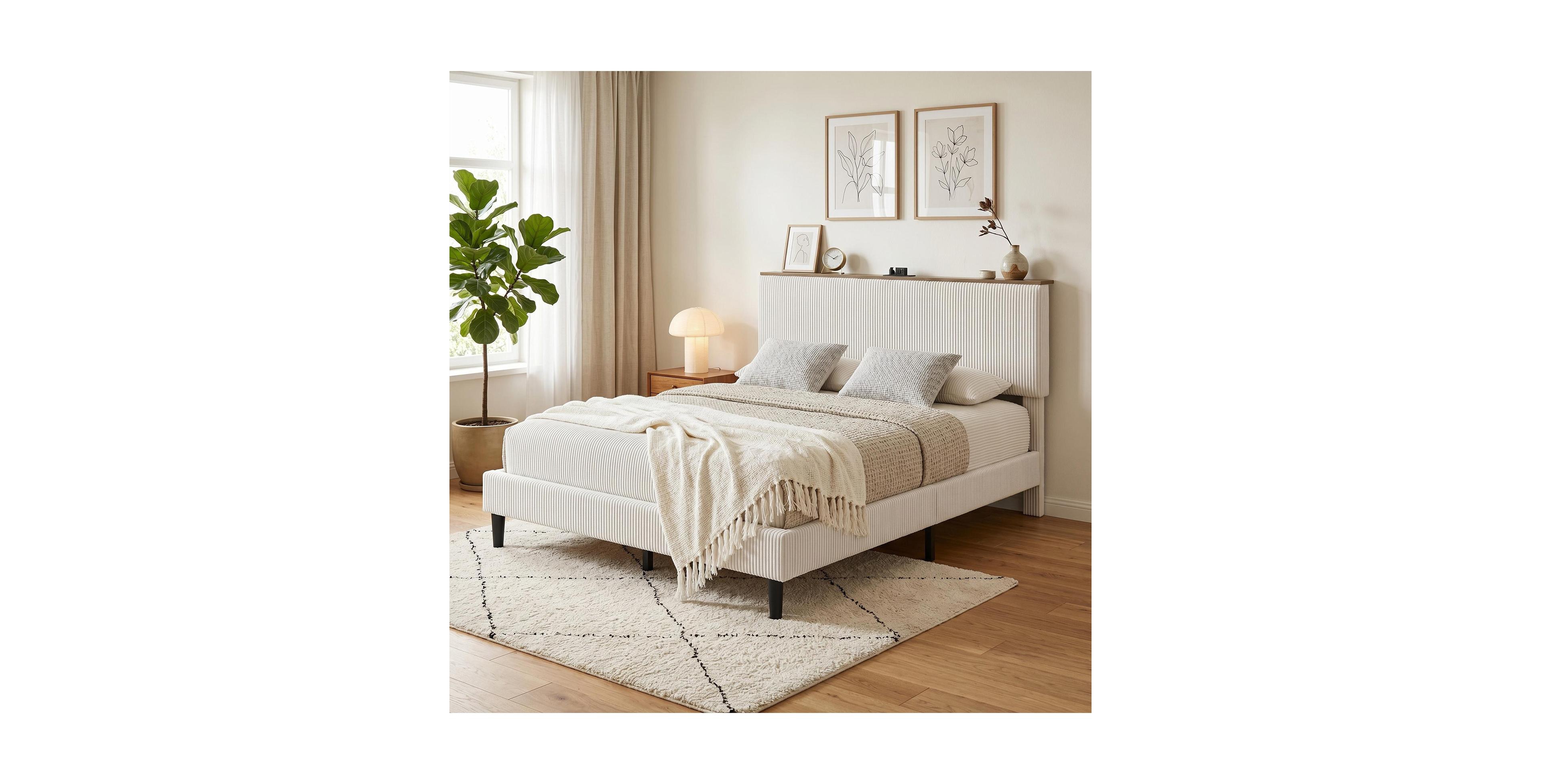 gaomon Queen Bed Frame – Upholstered Platform with Corduroy Storage Headboard, Charging Station and Led Lights, No Box Spring