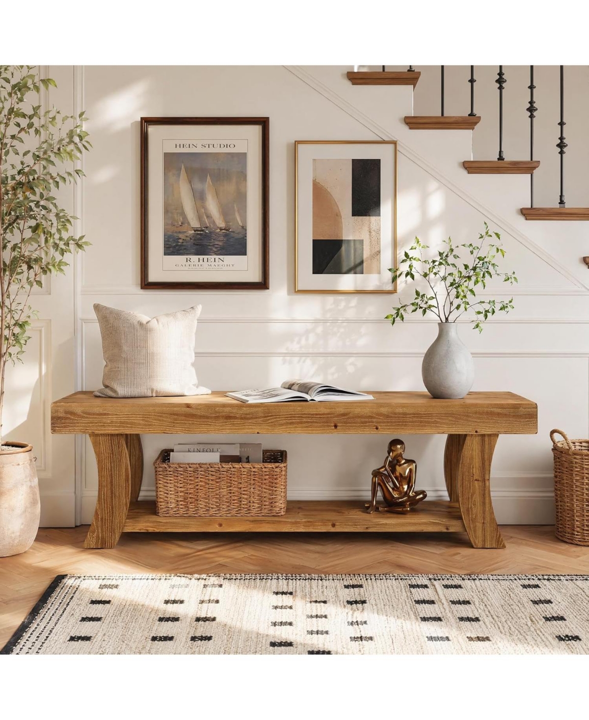 Tribesigns Solid Wood Bench, 63" Long Farmhouse Entryway Bench with Storage, Rustic Narrow Shoe Storage Bench Seat