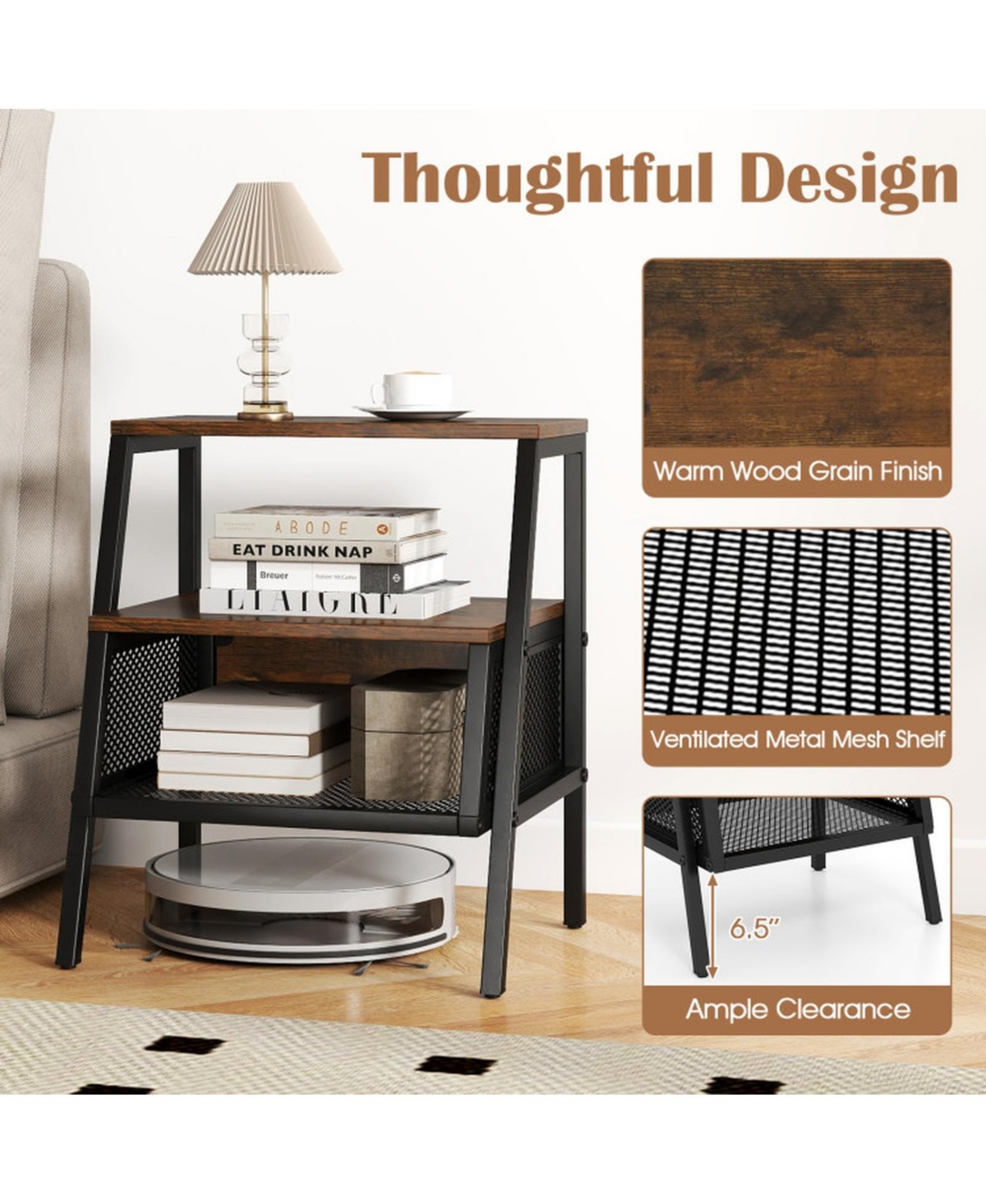 Sugift Industrial 3-Tier Nightstand Set of 2 with Open Shelves and Mesh Compartment