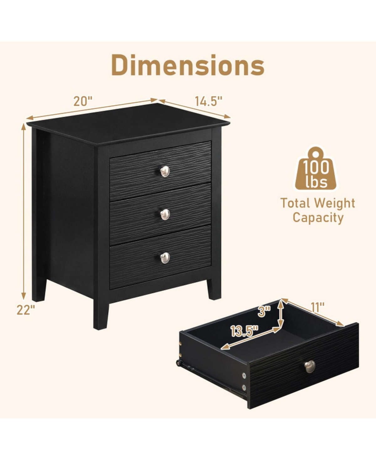 Sugift Modern Farmhouse 3-Drawer Nightstand Set of 2 with Wood Grain Accents