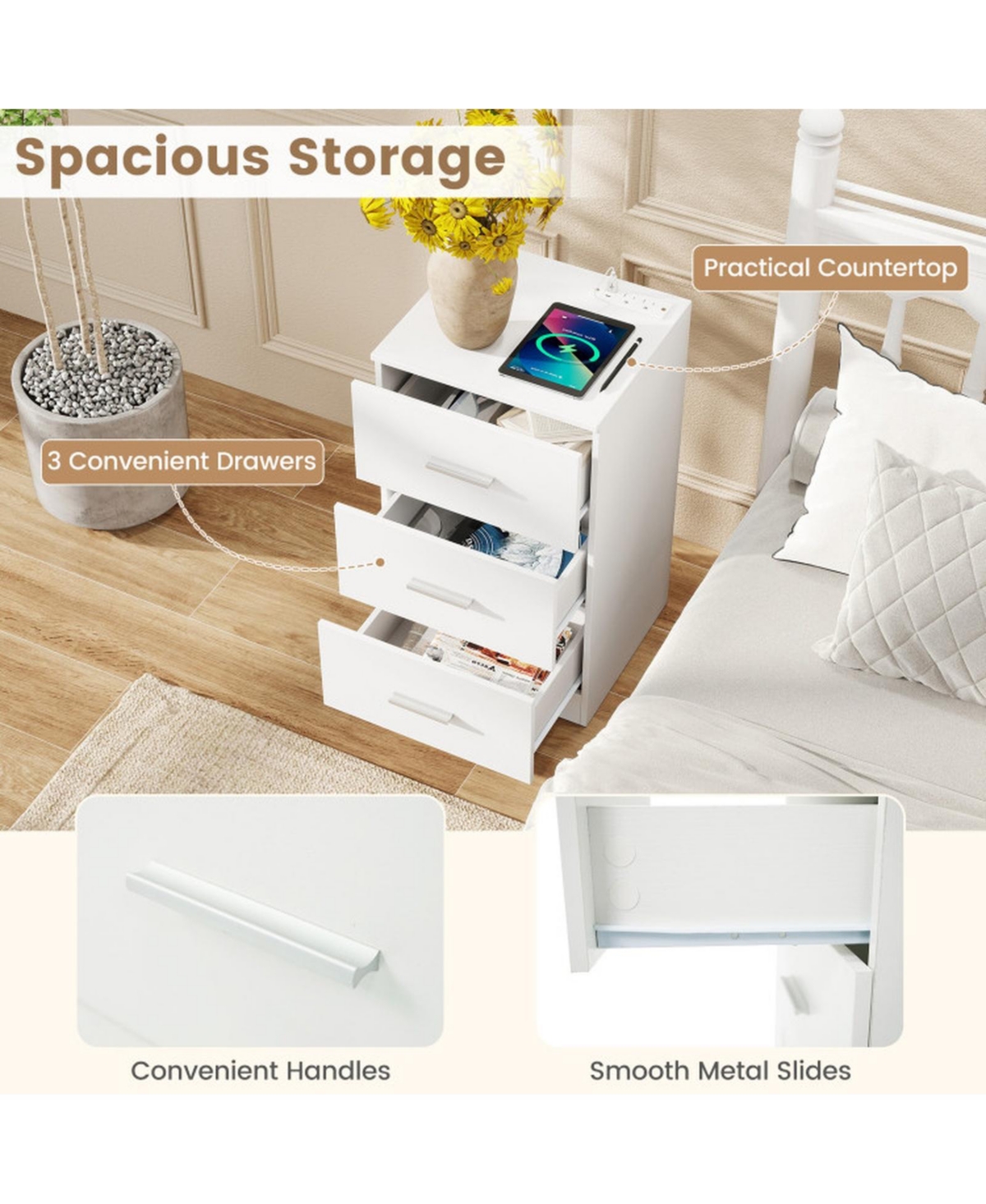Sugift Nightstand Set of 2 with Charging Station and 3 Storage Drawers