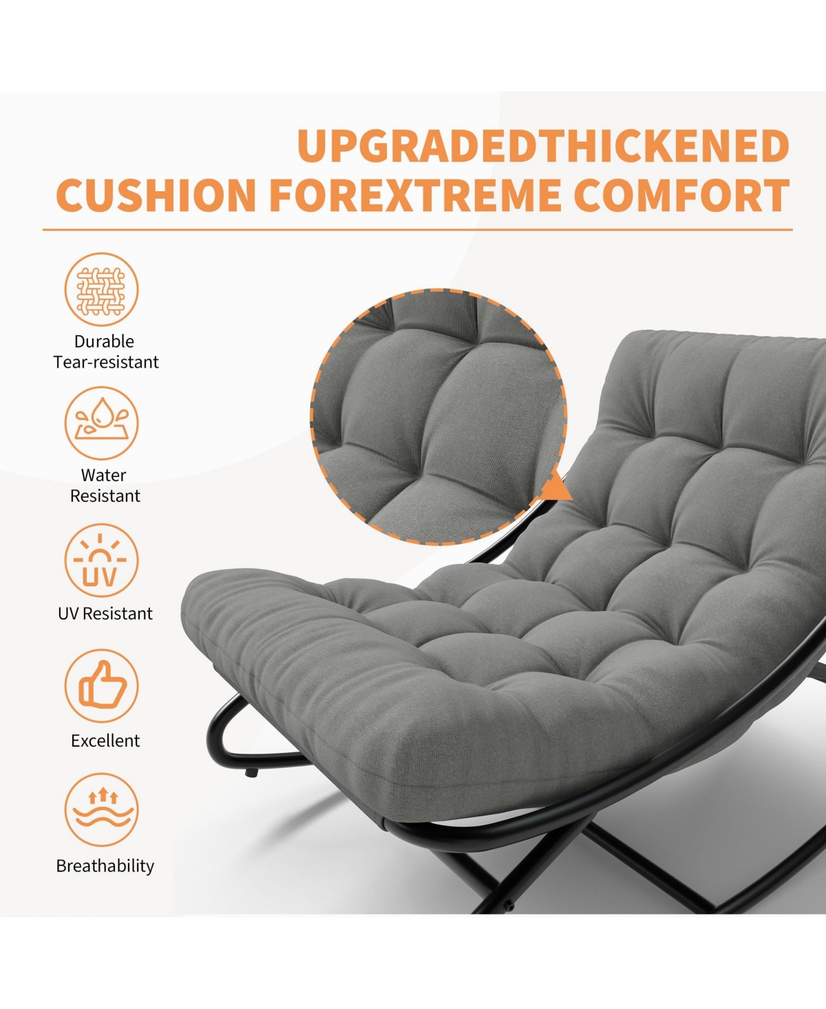 GarveeLife Papasan Rocking Chair with Cushion, Indoor Outdoor Metal Patio Rocker, Washable Cover
