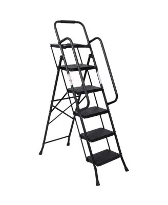  5 Step Folding Steel Ladder with Handrail and Anti-Slip Pedals 330 lbs