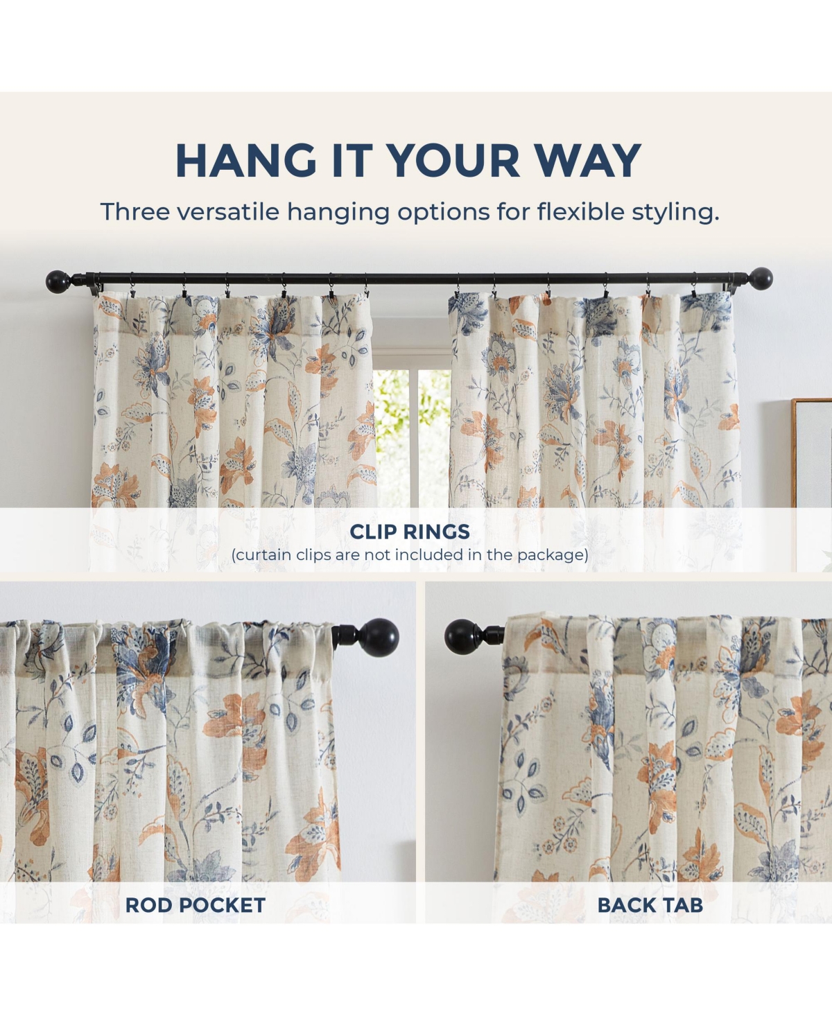 Hlc.me Spring Bloom Linen Floral Print Patterned Curtains - Back Tab Pocket Window Flower Curtains Panels for Bedroom and Living Room, Set of 2